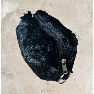 4.5" Black Faux Fur Zipper Mini Cosmetic Bag / Coin Purse with Key Ring